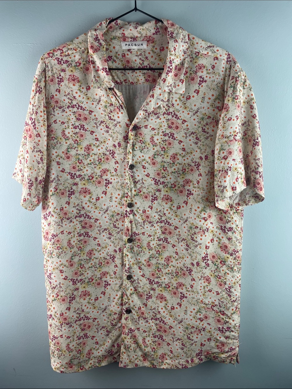 PacSun Cream Floral Short Sleeve Button-Up Shirt Size M
